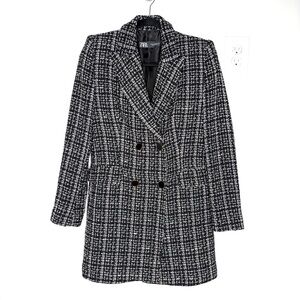 Zara Black Tweed Double Breasted Longline Plaid Blazer Jacket Classic Size M